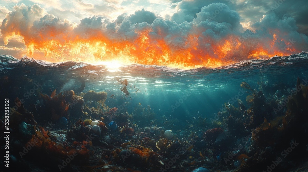 Underwater View of the Ocean with Floating Oil and Trash. Generative AI Underwater View of the Ocean with Floating Oil and Trash. Generative AI