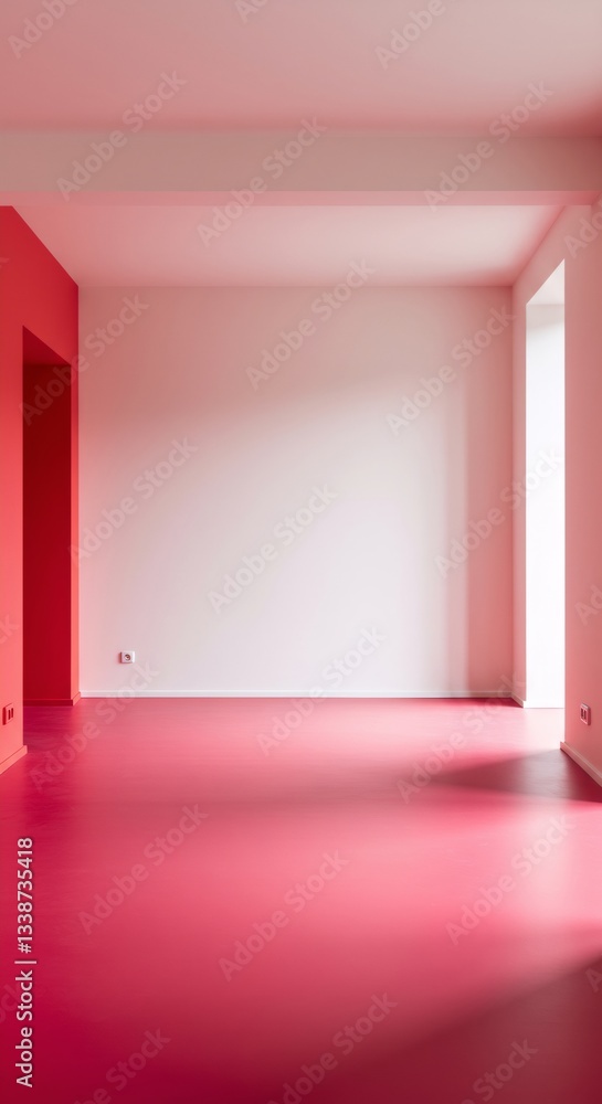 Obraz premium Empty pink room interior with white brick wall and bright red floor. Minimalist design concept for modern home, office, or studio space. Architectural background with copy space.