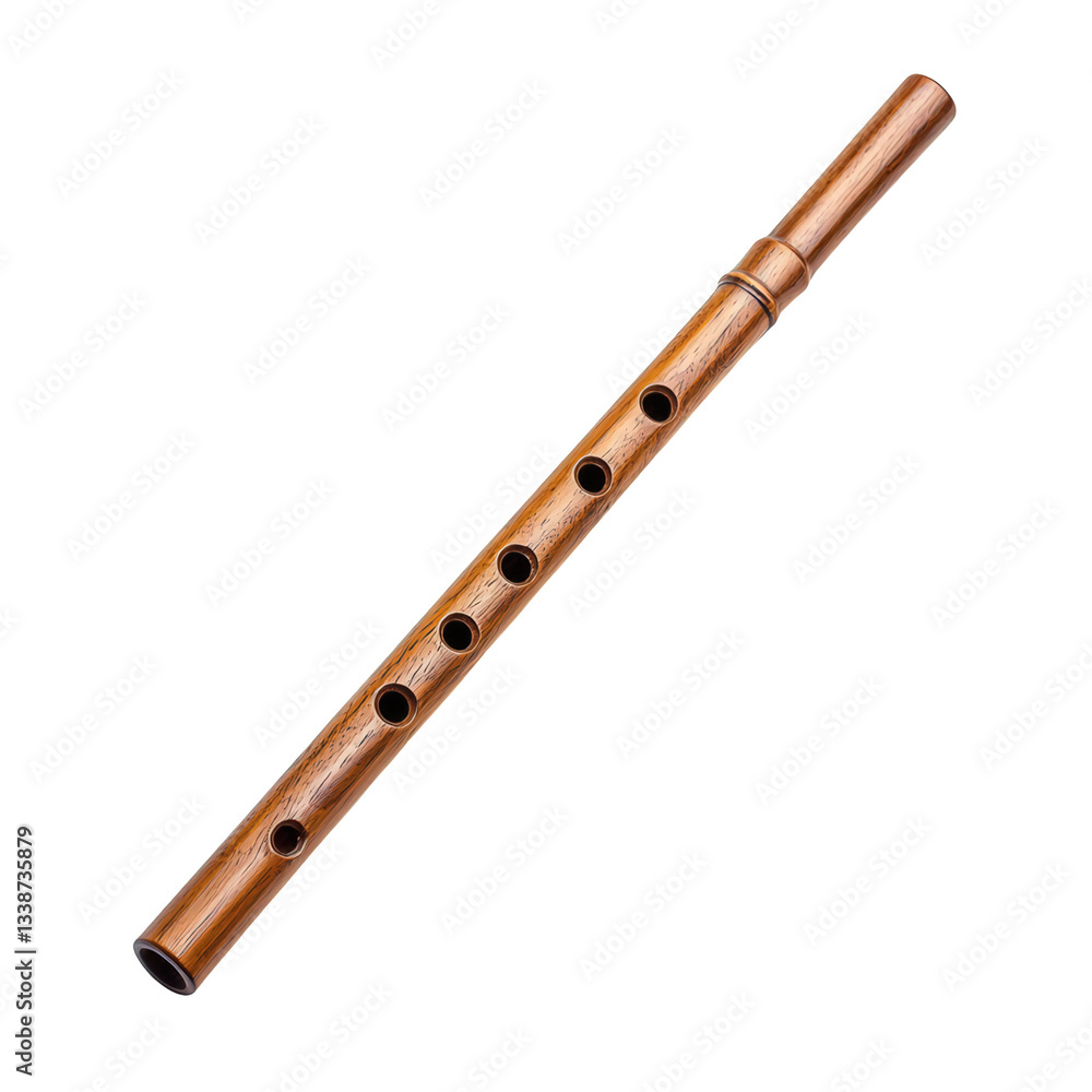 Fototapeta premium A wooden flute with multiple finger holes, showcasing its smooth surface and craftsmanship, Transparent background.