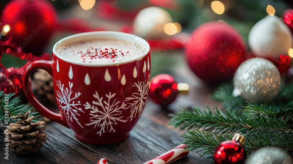 A hot drink in a red and white mug, surrounded by holiday decorations A hot drink in a red and white mug, surrounded by holiday decorations
