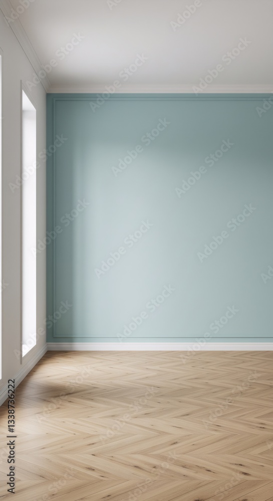 Fototapeta premium Empty room interior with light blue wall and herringbone wooden floor. Minimalist home design concept with window. Real estate, renovation, and modern living space.