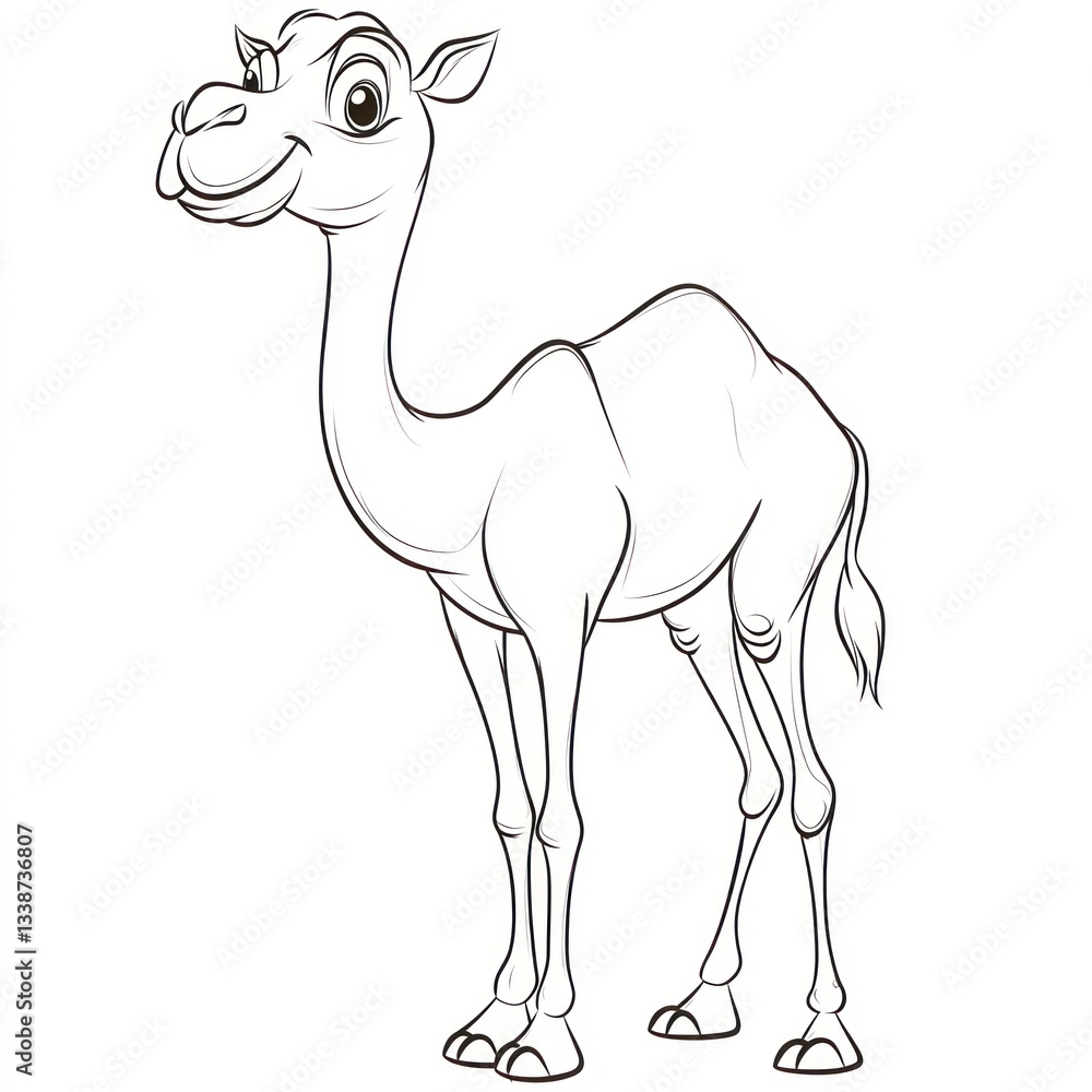 Fototapeta premium Cartoon Camel, Side View, Simple Line Drawing, Coloring Book