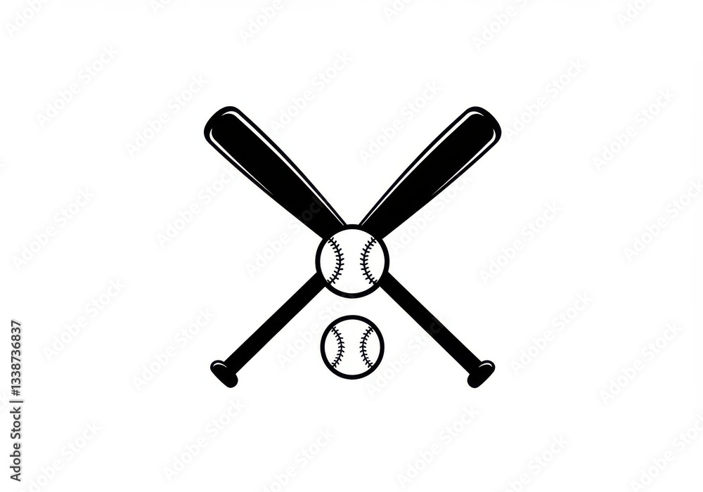 Baseball equipment, crossed bats, baseball, sports icon, black and white, simple design, minimalist, vector graphic, symmetrical composition, athletic symbol Baseball equipment, crossed bats, baseball, sports icon, black and white, simple design, minimalist, vector graphic, symmetrical composition, athletic symbol