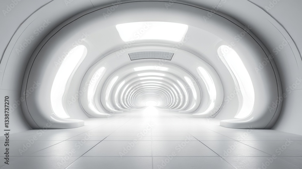 Obraz premium Futuristic luminous tunnel with smooth white walls and tiled floor leading to bright light source perspective