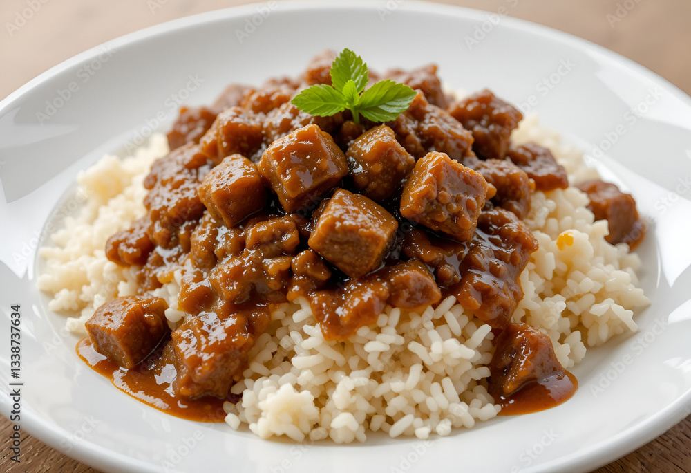 Plain Rice with Beef Rendang Sauce – Gourmet Asian Cuisine Photography Plain Rice with Beef Rendang Sauce – Gourmet Asian Cuisine Photography