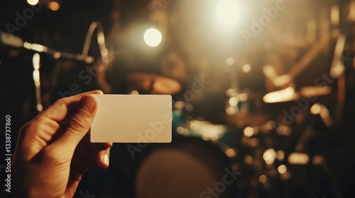 Hand holding blank card in dark music venue with drums and lights in background