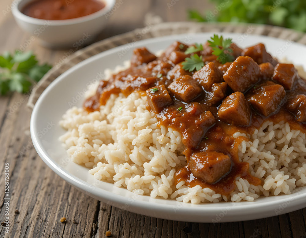 Tender Beef Chunks with Rendang Sauce Over Rice – High-Quality Food Image Tender Beef Chunks with Rendang Sauce Over Rice – High-Quality Food Image