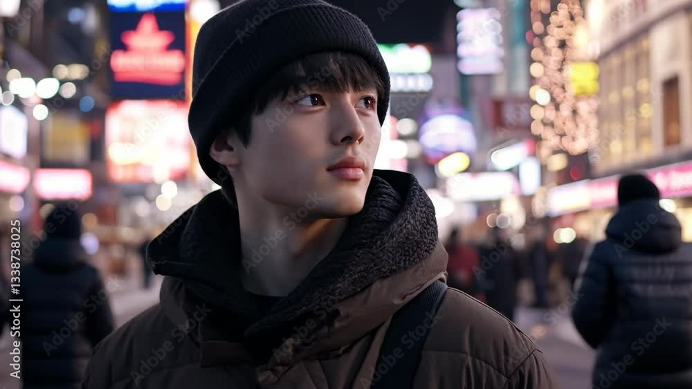 Young man gazes thoughtfully at city lights in a bustling urban setting during nighttime Young man gazes thoughtfully at city lights in a bustling urban setting during nighttime
