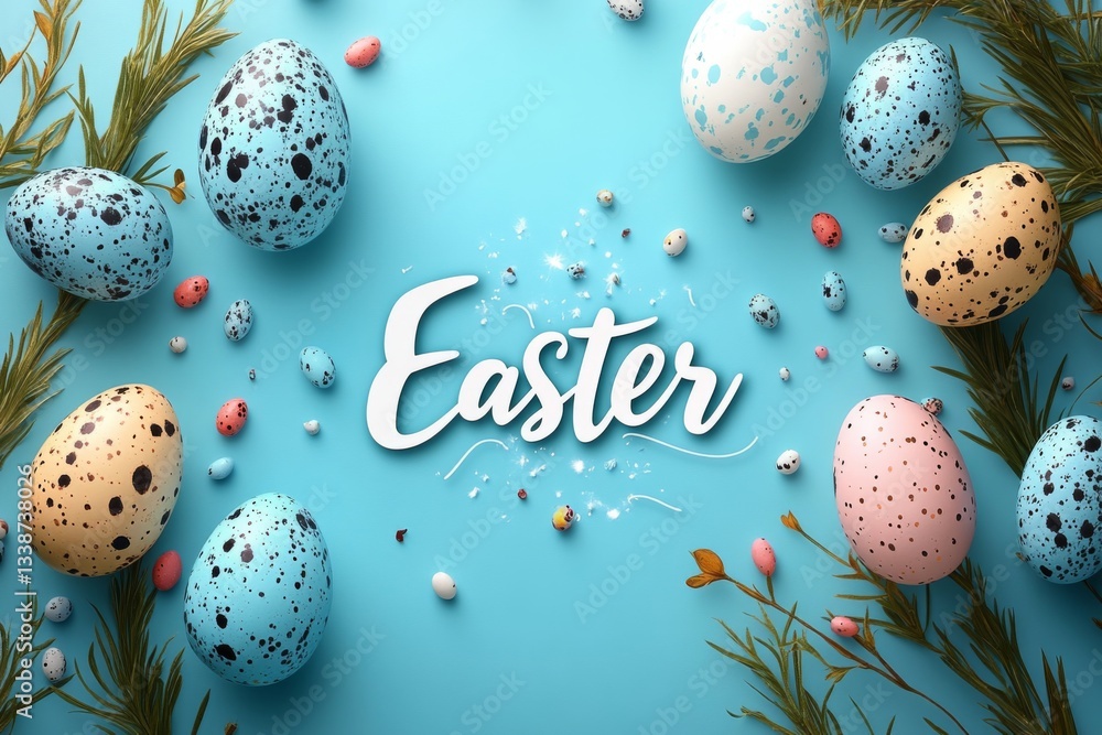 Modern Easter Composition With Blue And Beige Eggs