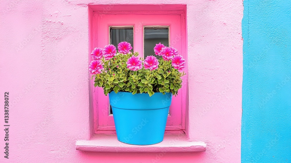 Naklejka premium Pink Wall with Blue Pot, Pink Flowers, and Window Box.