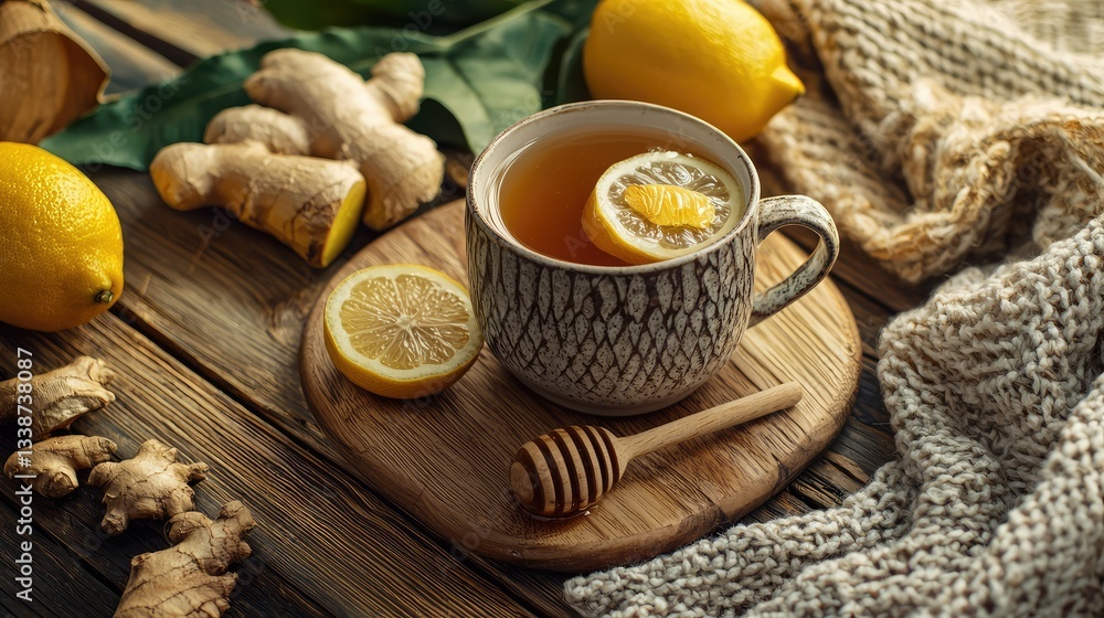 Fototapeta premium A hot ginger tea with honey and lemon in a cozy setting