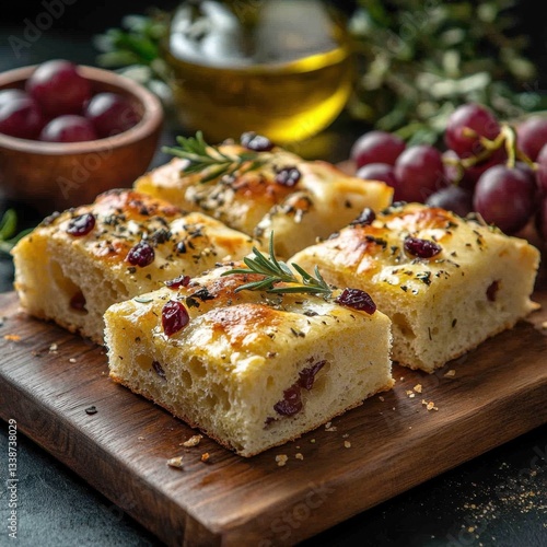 Appetizing focaccia bread with rosemary and cranberries on rustic wooden board with grapes and olive oil in dark food photography