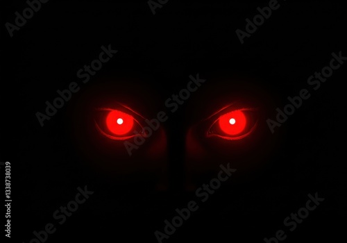 Glowing red eyes, dark background, menacing gaze, evil presence, minimalist design, intense contrast, horror aesthetic, futuristic villain, neon red
