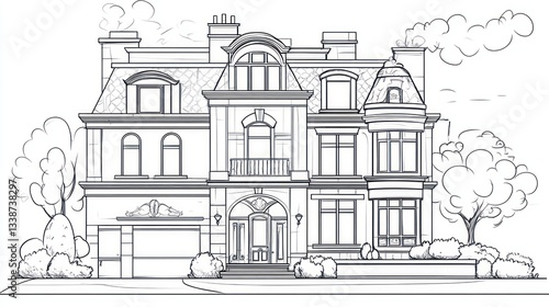 Wallpaper Mural Elegant Victorian House Illustration, Front View, Sketch Style, Architectural Design Torontodigital.ca
