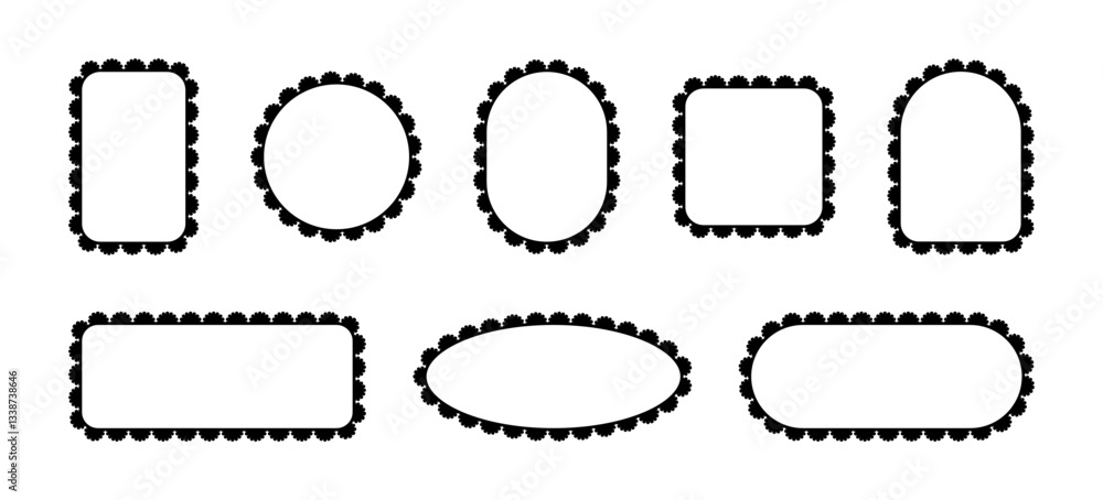 Borders of frames with scallops. Lace patterns in square, rectangle and circle shapes. Vector set with ornaments of different geometric shapes isolated on white background. Borders of frames with scallops. Lace patterns in square, rectangle and circle shapes. Vector set with ornaments of different geometric shapes isolated on white background.