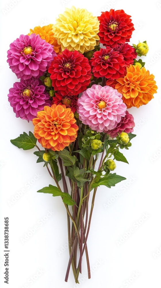 Obraz premium Vibrant dahlia bouquet on white backdrop showcasing a spectrum of colors in a bright and cheerful arrangement perfect for floral designs and spring themes