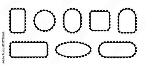 Borders of frames with scallops. Lace patterns in square, rectangle and circle shapes. Vector set with ornaments of different geometric shapes isolated on white background.