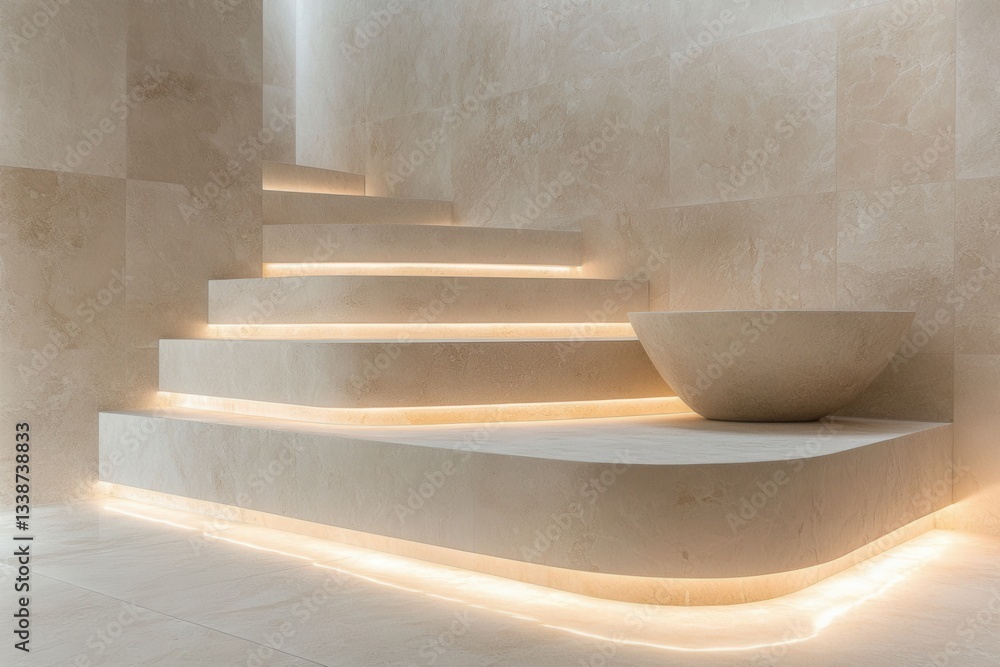 Naklejka premium Elegant staircase with subtle lighting and a decorative bowl showcasing modern interior design and architectural detail in a serene setting