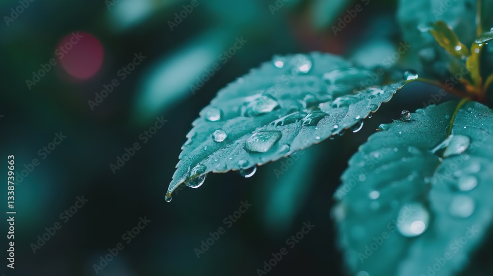 Tranquil Nature Scene with Close-up of Water Droplets on Emerald Green Leaf, Vibrant Greens and Yellows in Background Tranquil Nature Scene with Close-up of Water Droplets on Emerald Green Leaf, Vibrant Greens and Yellows in Background