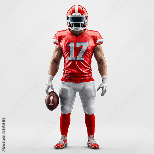 Dynamic American football player in red uniform, holding a ball with confidence. Powerful stance, modern gear, and intense energy capture the spirit of the game. Generative ai