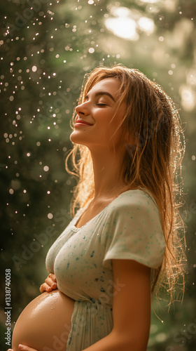 Pregnant woman is standing in the rain with her hair wet. She is smiling and holding belly