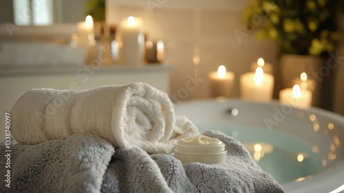 A luxurious home spa with a soft robe, soothing facial cream, and calming atmosphere.