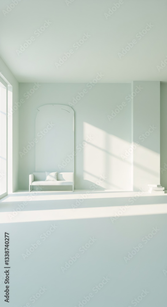 Fototapeta premium Minimalist interior design with sunlight. Empty room with mint green walls and white bed. Clean, airy space for relaxation. Modern home decor concept with copy space