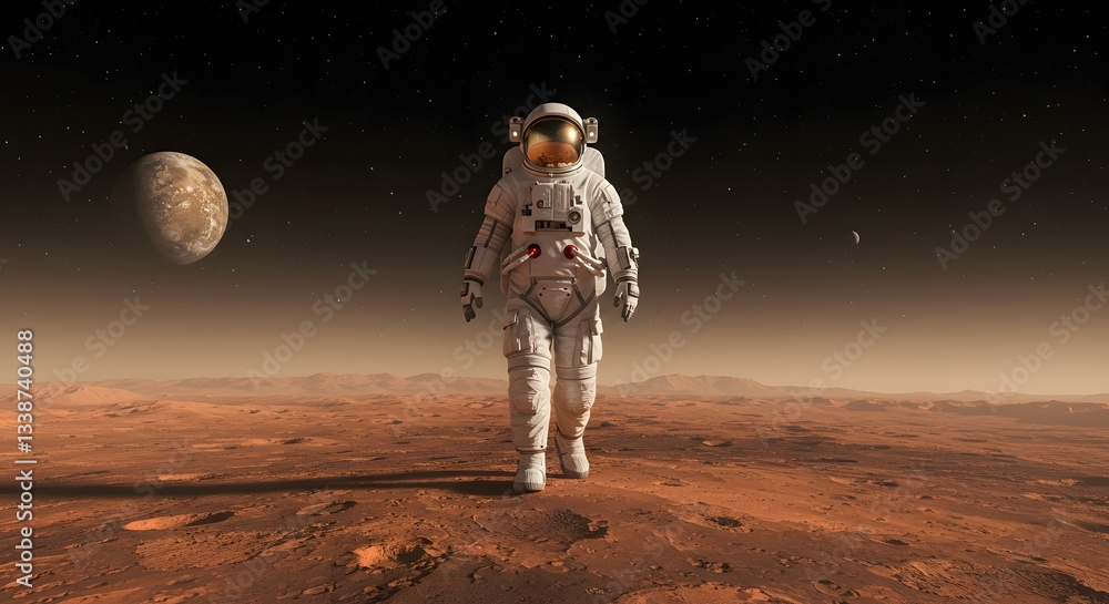 Obraz premium Cosmic Explorer: An astronaut's solitary trek across the red terrain of Mars, under a starry sky, symbolizing human exploration, and the spirit of adventure.