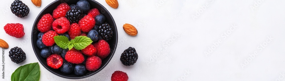 A vibrant bowl of mixed berries including raspberries, blueberries, and blackberries garnished with mint leaves, surrounded by almonds. A vibrant bowl of mixed berries including raspberries, blueberries, and blackberries garnished with mint leaves, surrounded by almonds.
