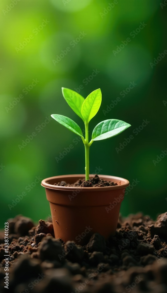 Tiny seedling sprouting from a small pot in isolation, plant life, greenery, tiny Tiny seedling sprouting from a small pot in isolation, plant life, greenery, tiny
