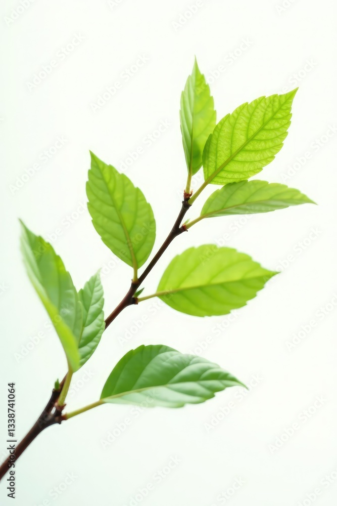Naklejka premium A small branch is seen against a bright background, isolated, leaves, woodgrain