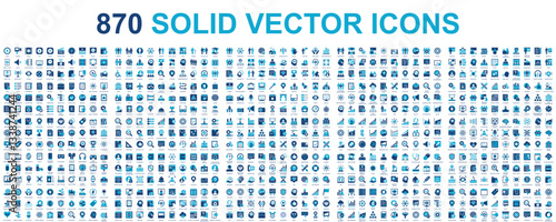 Mega set of vector solid icons. Contains such icon collection as marketing, business process, commerce, learning, shopping, industry, customer service, branding, analytics. Duotone pictogram pack.