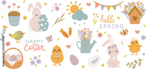 Spring set of cute bunny, birds, flowers and decorations. Hello spring lettering. Springtime stickers for poster, card, scrapbooking, sticker kit and greeting cards. Hand drawn vector illustration.