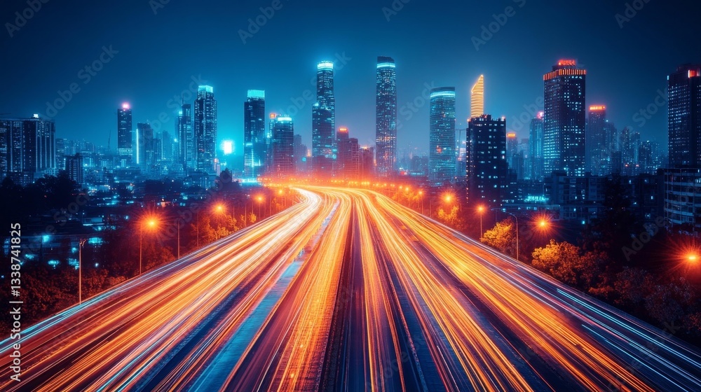 A vibrant city skyline with glowing lights and dynamic light trails in the evening. Generative AI A vibrant city skyline with glowing lights and dynamic light trails in the evening. Generative AI