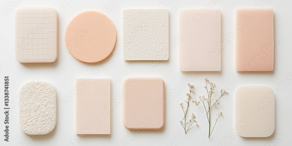 Fototapeta premium Pastel cosmetic sponges and delicate flowers on light background
