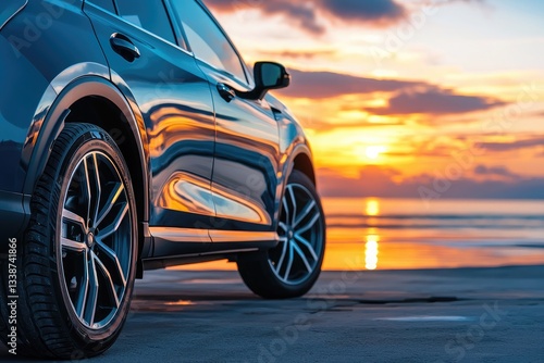 Blue sport car on the beach at sunset. Vacation and travel concept