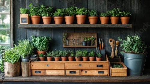 DIY Indoor Plant Station with Labeled Pots and Gardening Tools in a Rustic Setup. Generative AI