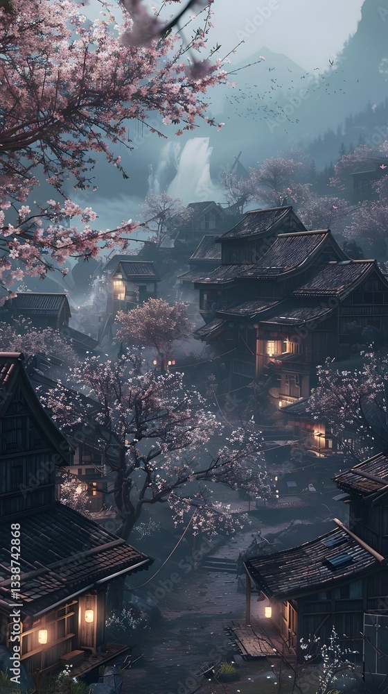 Obraz premium Architectural Buildings Cherry Blossoms, Landscape Mountain Village