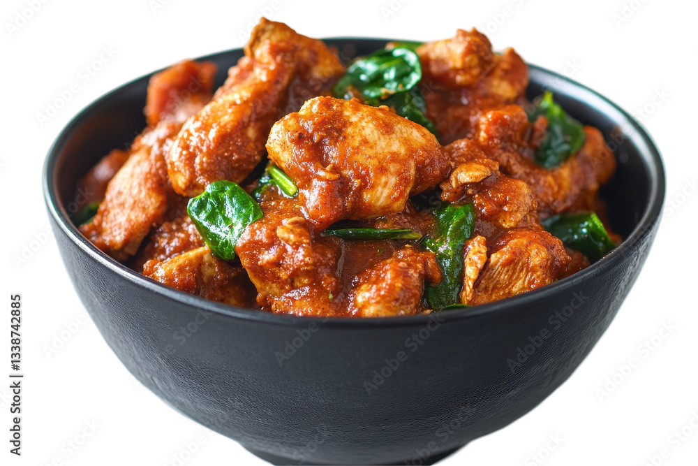 Delicious spicy chicken stir-fry with fresh spinach in bowl Delicious spicy chicken stir-fry with fresh spinach in bowl