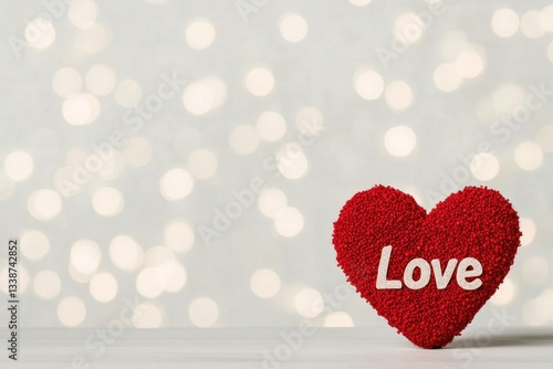 Red heart with the word Love on a soft bokeh background, symbolizing love and affection in a romantic context, perfect for Valentine s Day imagery