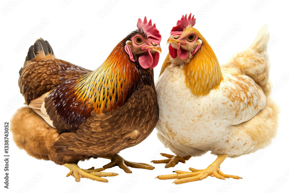 Fototapeta premium Two colorful chickens standing together in a bright setting