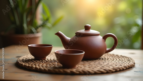 Clay teapot with two cups on wooden table near greenery