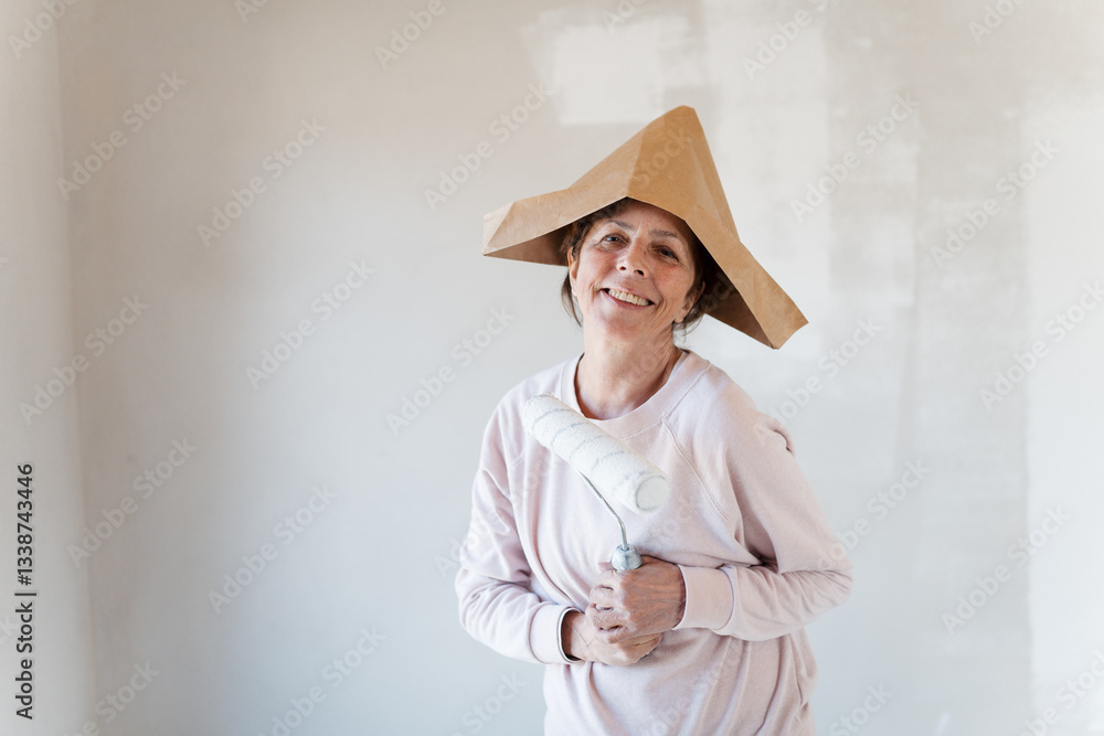 Senior woman painting walls with roller in new home, looking at camera. Senior woman painting walls with roller in new home, looking at camera.