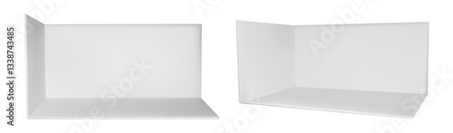 3d booth stand with white wall. Empty cube box interior for trade or fair show. Corner exhibit template with product display space. Small kiosk with panel inside. Store section view isolated area.