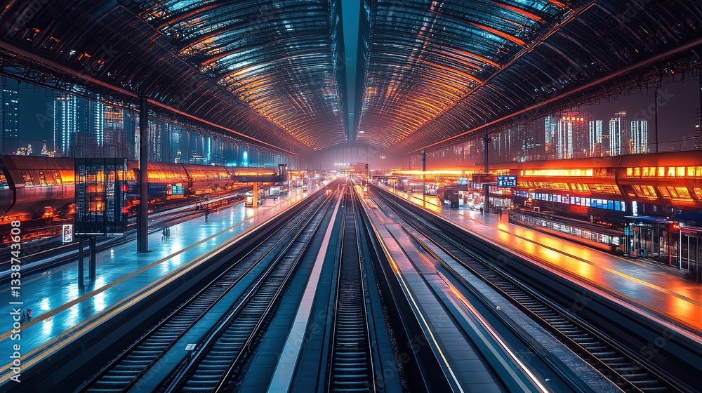 Fototapeta premium A vibrant transportation hub with high-speed trains arriving and departing 