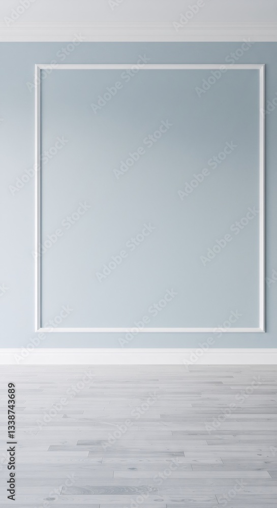 Minimalist interior design with white frame on light blue wall. Empty room with wooden floor. Modern home decor concept. Clean and simple living space with copy space Minimalist interior design with white frame on light blue wall. Empty room with wooden floor. Modern home decor concept. Clean and simple living space with copy space