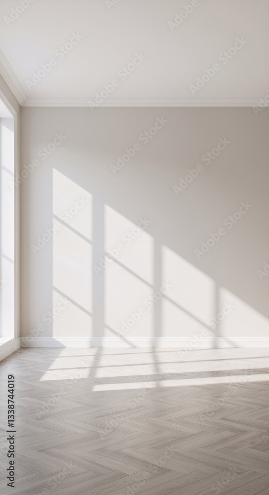 Minimalist empty room interior with sunlight through window. White walls, herringbone wooden floor. Modern architecture, scandinavian style home design with copy space. Minimalist empty room interior with sunlight through window. White walls, herringbone wooden floor. Modern architecture, scandinavian style home design with copy space.