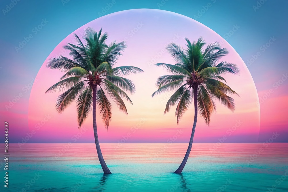 Tropical Paradise: Two Palm Trees on Pink and Blue Sunset Ocean Background Tropical Paradise: Two Palm Trees on Pink and Blue Sunset Ocean Background