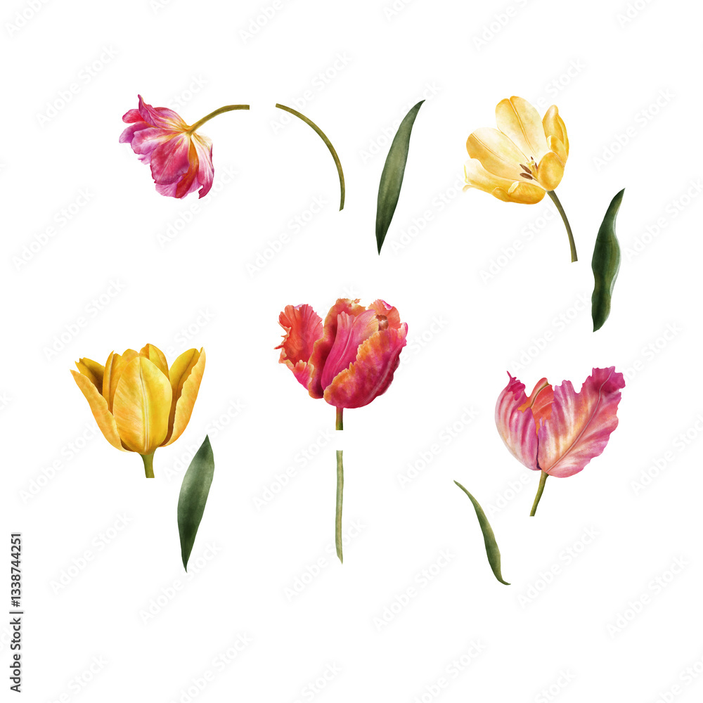 tulips set of bright spring illustrations with tulip flowers leaves and bows tulips set of bright spring illustrations with tulip flowers leaves and bows