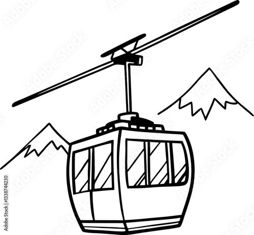 mountain cable car line art alpine peaks gondola lift, illustration of skiing transport in winter.